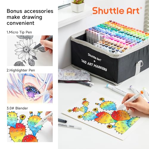 Shuttle Art 240 Colors Alcohol Markers, 239 Colors Dual Tip Art Marker Set Plus Colorless Blender, Micro-tip Pens, White Highlighter Pens, Marker Bag Shuttle Art