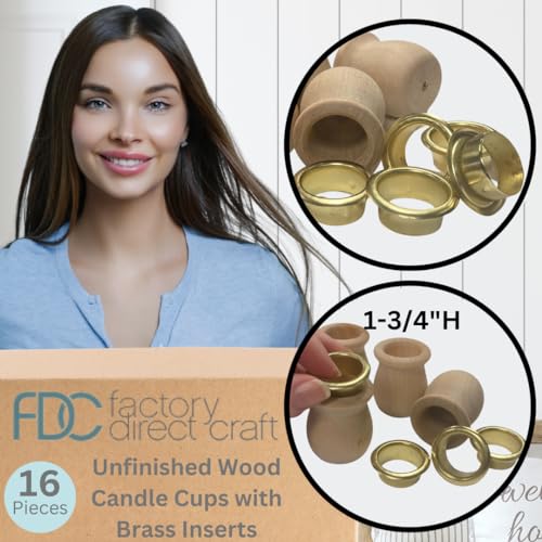 Factory Direct Craft Pack of 16 Unfinished Wood Candle Cups with Brass Inserts- Blank Wooden Bean Pot Candle Holders DIY Wood Turnings (Size 1-3/4" H
