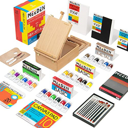 MEEDEN Acrylic Paint Set, Deluxe Painting Kit with Beech Wood Easel Box, Acrylic Paints, Paintbrushes, Canvas, Palettes and Accessories, Art Paint