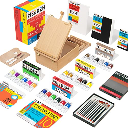 MEEDEN Acrylic Paint Set, Deluxe Painting Kit with Beech Wood Easel Box, Acrylic Paints, Paintbrushes, Canvas, Palettes and Accessories, Art Paint