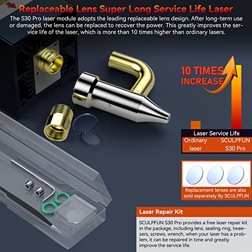 SCULPFUN S30 Pro Laser Engraver, 10W Laser Cutter, Automatic 30L/min Air Assist Pump,Laser Air Nozzle,Industrial Rail Linear Rail,Limit Switch,Eye