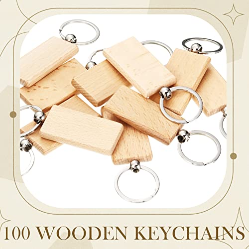 Yinkin 100 Pieces Wooden Keychain Blanks Wood Key Chain Bulk Unfinished Wooden Engraving Key Tag Ring for DIY Gift Crafts(Rectangle) Yinkin