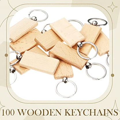 Yinkin 100 Pieces Wooden Keychain Blanks Wood Key Chain Bulk Unfinished Wooden Engraving Key Tag Ring for DIY Gift Crafts(Rectangle) - WoodArtSupply