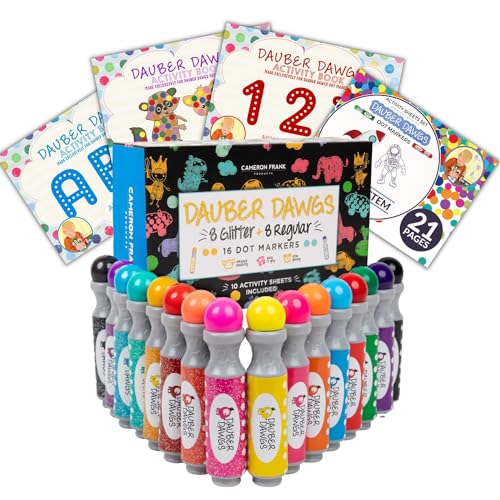 Washable Shimmer & Regular Dot Markers - 16 Pack Downloadable Activity Sheets For Kids, Toddler Art Activities, Preschool Children Arts Crafts