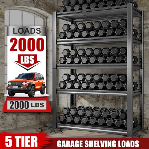 Raybee 72''H Garage Shelving Heavy Duty Garage Storage Shelves Load 2000 LBS Adjustable Metal Shelves for Storage 5 Tier Storage Rack for Warehouse