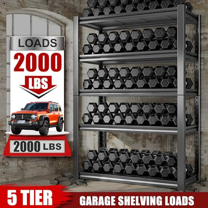 Raybee 72''H Garage Shelving Heavy Duty Garage Storage Shelves Load 2000 LBS Adjustable Metal Shelves for Storage 5 Tier Storage Rack for Warehouse
