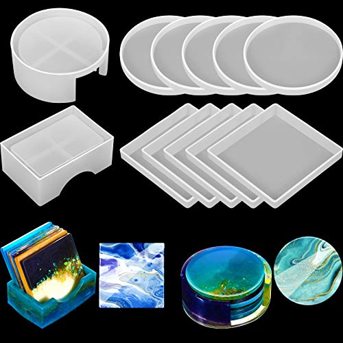 12 Pcs Resin Molds Set Epoxy Coaster Storage Box in Rectangle Round Silicone Casting Mold for Halloween DIY Art Craft Cup Mat - WoodArtSupply