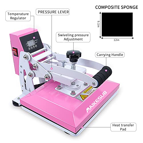 MAIKESUB 12x10 Inch High Pressure Heat Press Machine for T Shirts Digital Industrial Sublimation Printer for Heat Transfer Vinyl Intelligent Pink - WoodArtSupply