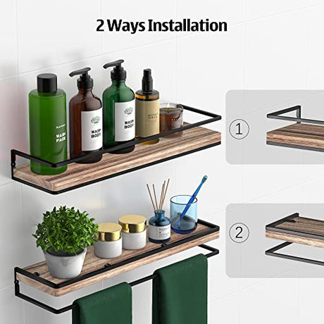Meangood Floating Shelves Wall Mounted Set of 2, Rustic Wood Wall Storage Shelves for Bedroom,Living Room,Bathroom, Kitchen Torched Wood Meangood