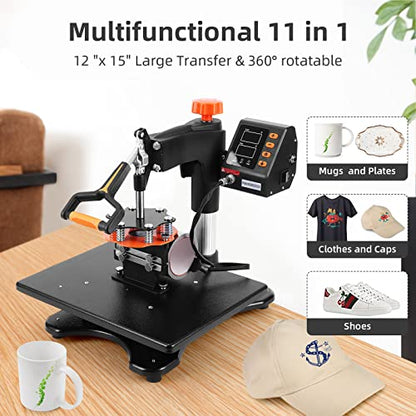 Heat Press Machine, 12 X 15 inch, 11 in1 Heat Press, 800W Sublimation Machine, 360° Rotation Swing-Away Heat Press, Dual-Tube Heating Printing for - WoodArtSupply