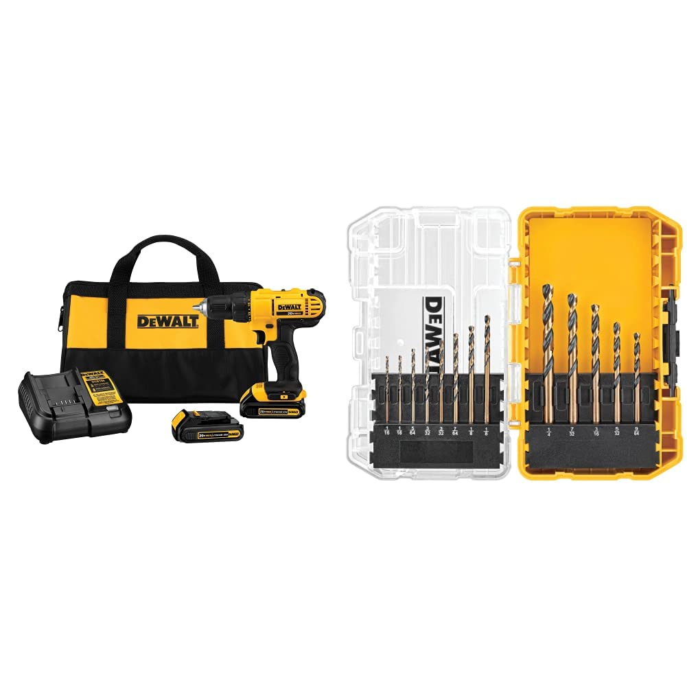 DEWALT 20V Max Cordless Drill/Driver Kit, Compact (DCD771C2) and 13-Piece Black Oxide Drill Bit Set with Pilot Point