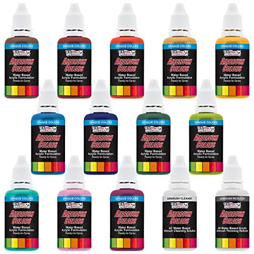 U.S. Art Supply 12 Color Secondary Opaque Colors Acrylic Airbrush, Leather & Shoe Paint Set with Reducer & Cleaner 1 oz. Bottles - WoodArtSupply