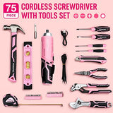 WORKPRO 75-Piece Pink Tools Set, 3.7V Rotatable Cordless Screwdriver and Household Tool Kit, Basic Tool Set with 13'' Portable Steel Tool Box for WORKPRO