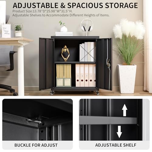 LUCYPAL Metal Storage Cabinet with Wheels,Lockable Steel Storage Cabinet with Doors, Mobile Metal Storage Cabinet with Adjustable Shelf, Metal Filing