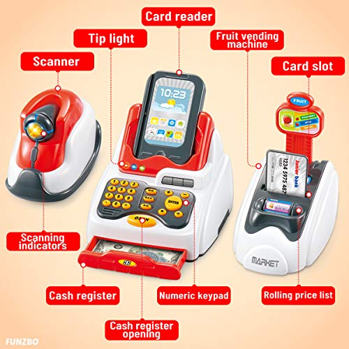 FunzBo Cash Register for Kids Toys - Grocery Store Pretend Play for Girls Boys Toy Cashier Registers with Scanner and Sound, Credit Card Reader, FUNZBO