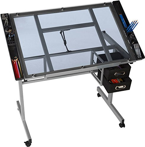 OneSpace Craft Station with Blue Glass Drafting, Silver OneSpace
