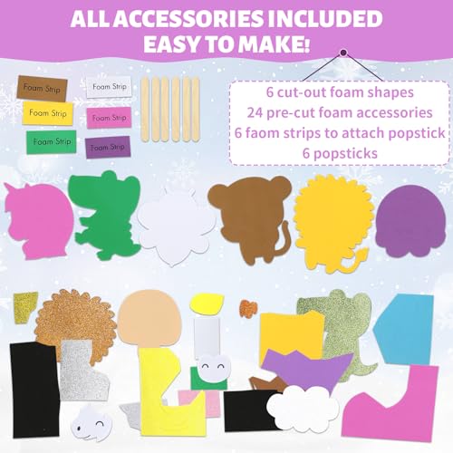 VKPI Make 6 Popstick Puppets Craft Kits for Kids, Foam Art Crafts Gift, Story Time Toys for Ages 4+ Toddler, Unicorn, Cloud, Animals, Preschool VKPI