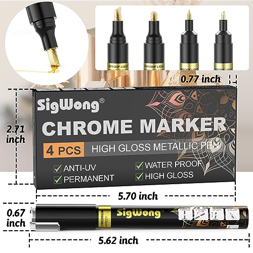  SigWong Metallic Chrome Markers, 4Pcs Gold Permanent