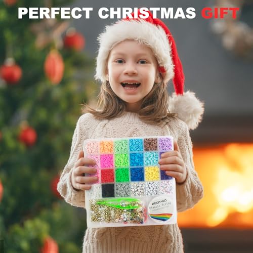 Redtwo 6200 Pcs Clay Beads Bracelet Making Kit, Flat Round Polymer Heishi Friendship Bracelet Jewelry Kit with Charms and Elastic Strings for Girls Redtwo