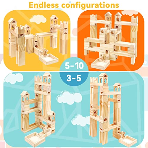 Wooden Marble Run for Kids Ages 4-8, 65 Pieces Wood Building Blocks Toys and Construction Play Set, Marble Track Maze Game STEM Learning Toys Gifts Onshine