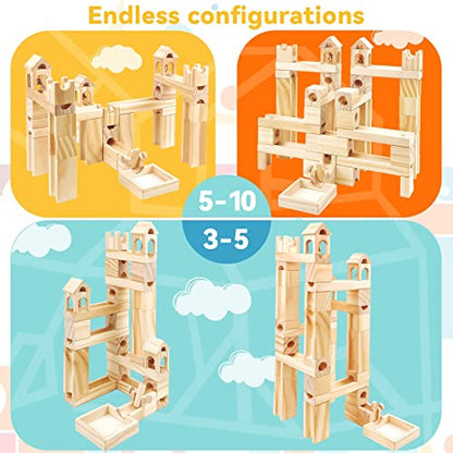 Wooden Marble Run for Kids Ages 4-8, 65 Pieces Wood Building Blocks Toys and Construction Play Set, Marble Track Maze Game STEM Learning Toys Gifts - WoodArtSupply