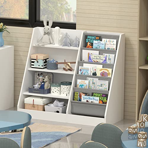 White 4-Tier Kids Wooden Bookshelf with Five Sling Pockets for Toys and Books Storage HedoAjim