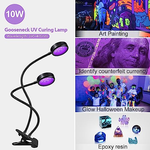 LEDLampsWorld USB UV Black Light Dual Head, 10W 395nm-405nm LED UV Lamp with Clamp, Gooseneck UV Light for Resin Curing, Blacklight Poster, LEDLampsWorld