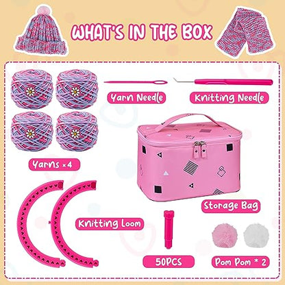 PREBOX Beginner Hat Scarf Loom Kits for Kids - Knitting DIY Craft for Girls Teens Adults, Birthday Christmas Gifts with Storage Bags Yarns Hook