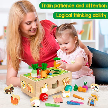 Toddlers Montessori Toys for 2,3,4 Year Old Baby Boys and Girls, Educational Wooden Shape Sorting Toys with Vegetables & Farm Animals Blocks, Fine