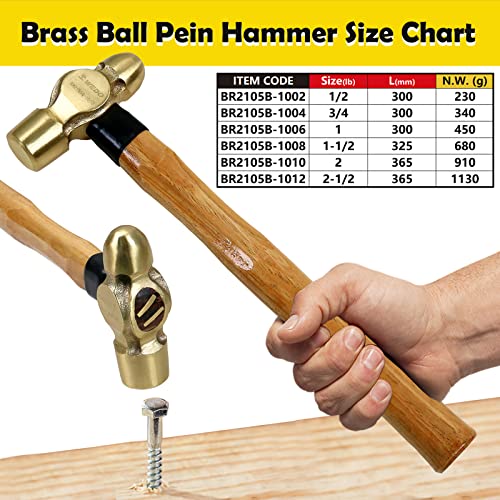 WEDO Brass Ball Peen Hammer with Woodeng Handle,Ball Pein Hammer, 1-1/2lb, 325mm, 13" WEDO