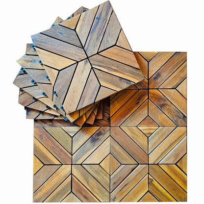 Interlocking Deck Tiles X Slat 8 Pack - Snap Together Wood Flooring | 12 x 12 Acacia Hardwood Outdoor Flooring for Patio | Click Floor Decking Tile - WoodArtSupply