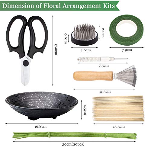 WANDIC Flower Arrangement Kit, Set of 51, Round Flower Holders, Ceramic Flower Pot, Kenzan Needle Cleaning Pin & Rake, Floral Stems and Floral Tape WANDIC