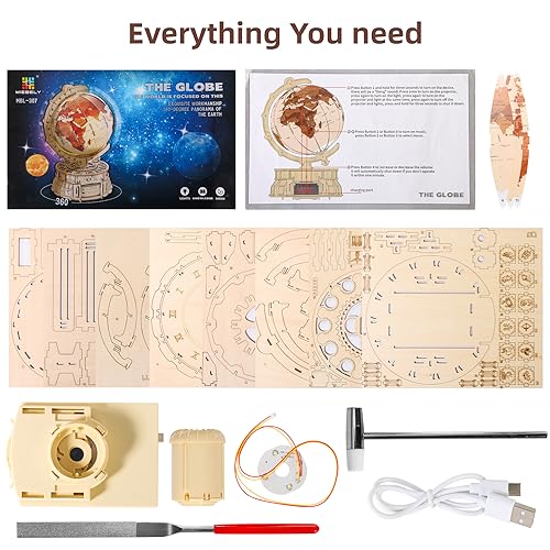 MIEBELY 3D Wooden Puzzles for Adults USB Charging Illuminated Globe Music Box DIY LED Wood Model Building Kits with Space Projector Stem toys Christmas Gifts for kids Desk Decor for Boys/Girls Ages 8+