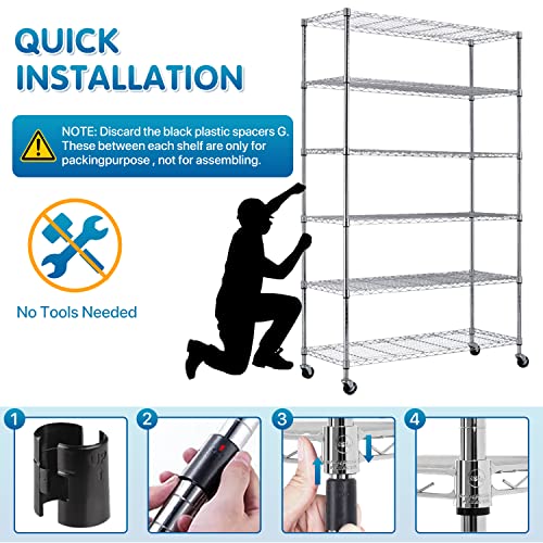 Storage Shelves Metal Shelf Wire Shelving Unit with Wheels 6 Tier NSF Certification Height Adjustable Garage Shelving Utility Steel Heavy Duty Dkeli
