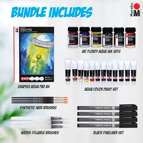 Marabu Watercolor And Mixed Media Set - Quality Watercolor Paper 20 Sheets, A4 220 GSM - 12 Watercolor Paint Tubes, 6 Watercolor Inks, 4 Black Marabu