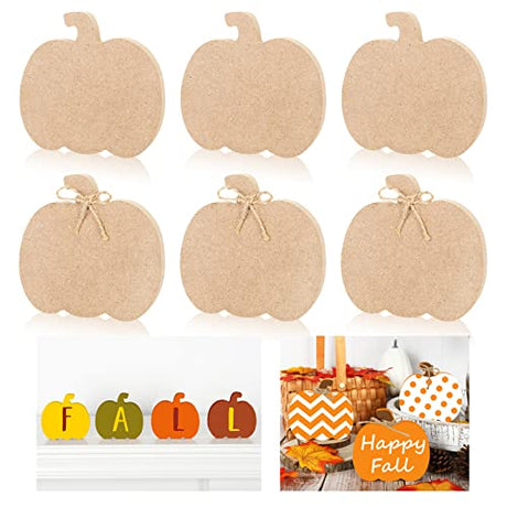 Whaline 6Pcs Fall Pumpkin Wooden Cutouts with Ropes Unfinished Pumpkin Shaped Table Wooden Signs for Fall Thanksgiving Halloween Tiered Tray Home Whaline