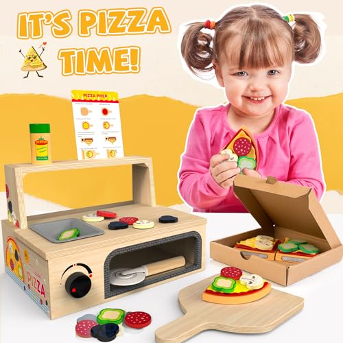 WOODMAM Wooden Pizza Toy - 48 PCS Montessori Pretend Play Food for Ages 3+, Educational Learning Toy Wooden Playset with Bake Oven, Christmas WOODMAM