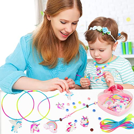 FLYINGSEEDS Unicorn Jewelry Making Kit, 5 Rubber Necklaces and Charms with 100 Big Holes Beads Toy Set, Beading Arts and Crafts, Ideal Gifts for FLYINGSEEDS