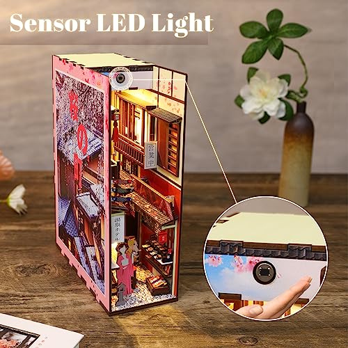 Hallisun DIY Book Nook Kit 3D Wooden Puzzle for Adults, Bookshelf Insert Decor Sakura Town with LED Light Music Box, Bookend Building Set Miniature Hallisun