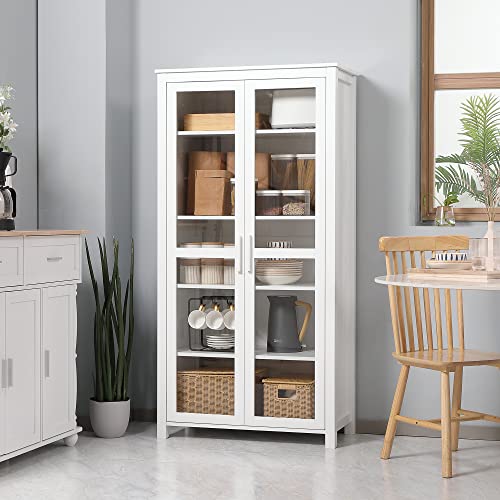 HOMCOM Freestanding Kitchen Pantry, 5-Tier Storage Display Cabinet, Curio Cabinet with Adjustable Shelves and 2 Glass Doors for Living Room, Dining HOMCOM