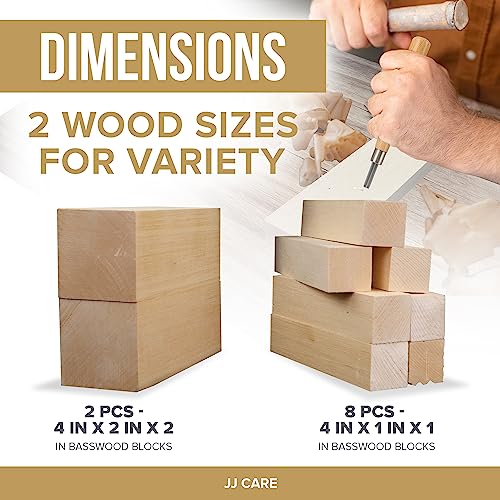 JJ CARE Wood Carving Kit [8 SK7 Carving Knives with Beechwood Handle, 10 Basswood Carving Blocks, and 1 Grinding Stone] - Beginner Wood Carving Kit, JJ CARE