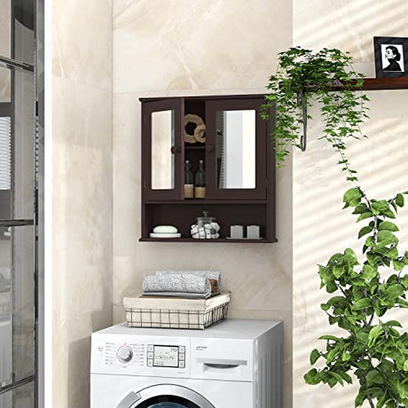 TaoHFE Brown Wall-Mounted Medicine Cabinet with Mirror and Open Shelves TaoHFE
