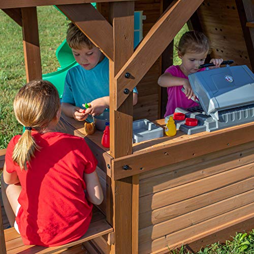 Backyard Discovery, Cedar Cove Wood Swing Set, Playground Fort, Chalkboard, Telescope, Dual Slide, Kitchenette, Wide Swing Lanes, 5ft Rock Wall, Step Backyard Discovery