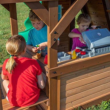 Backyard Discovery, Cedar Cove Wood Swing Set, Playground Fort, Chalkboard, Telescope, Dual Slide, Kitchenette, Wide Swing Lanes, 5ft Rock Wall, Step Backyard Discovery