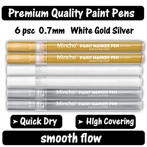 White Paint Pen, 0.7mm Acrylic 2 White, 2 Gold, 2 Silver Permanent Marker Pens for Wood Rock Plastic Leather Glass Stone Metal Canvas Ceramic Marker - WoodArtSupply