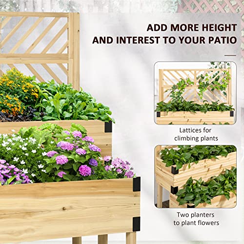 Outsunny Raised Garden Bed with Trellis, 2 Tier Wooden Elevated Planter Box with Legs and Metal Corners, for Vegetables, Flowers, Herbs, Natural