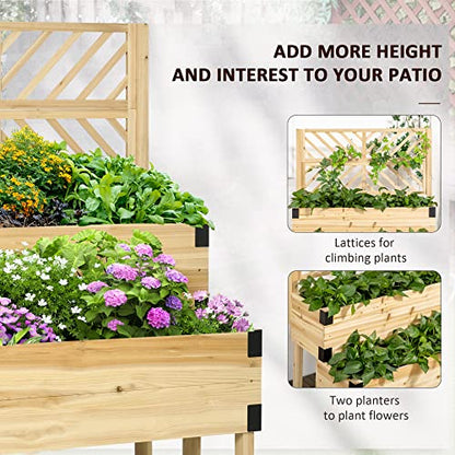 Outsunny Raised Garden Bed with Trellis, 2 Tier Wooden Elevated Planter Box with Legs and Metal Corners, for Vegetables, Flowers, Herbs, Natural