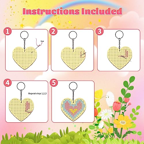 VKPI Wooden Cross Stitch Kits for Kids, Make Your Own 6 Cross Stitching Keyrings, Wood Sewing Kit, Arts & Crafts Stars, Hearts Ornaments, Plastic VKPI
