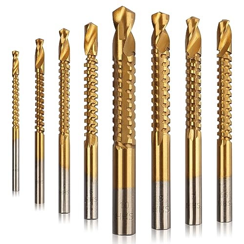 Rocaris 8 Pack Titanium Coated HSS Twist Drill Bits, 3-10mm Serrated Side Cutting Drill Bit Woodworking Tools for Plastic Metal Wood Hole Rocaris