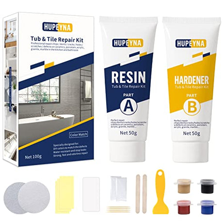 Tub, Tile and Shower Repair Kit (Color Match), Hupeyna Porcelain Repair Kit, Bathtub Repair Kit for Chips Dents Cracks Holes Scratchs, etc. Hupeyna